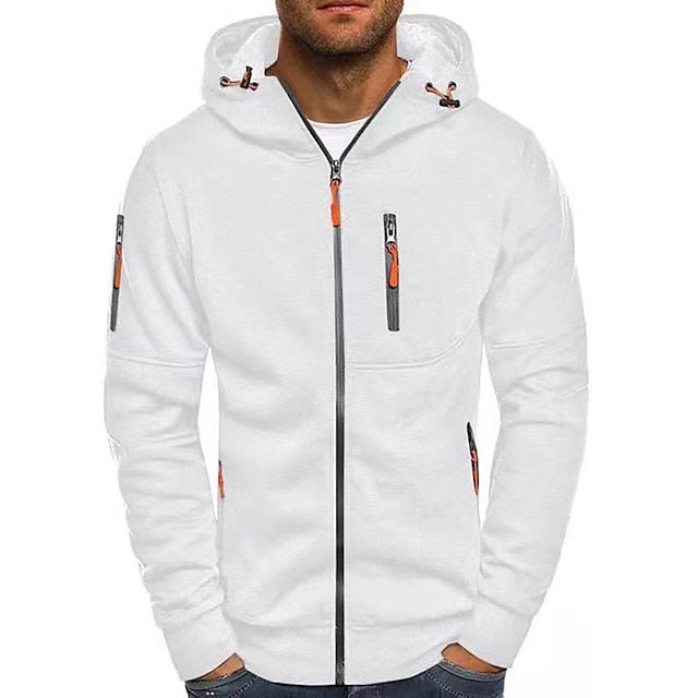 Lorenzo hooded zip-up jacket in white, front view on model