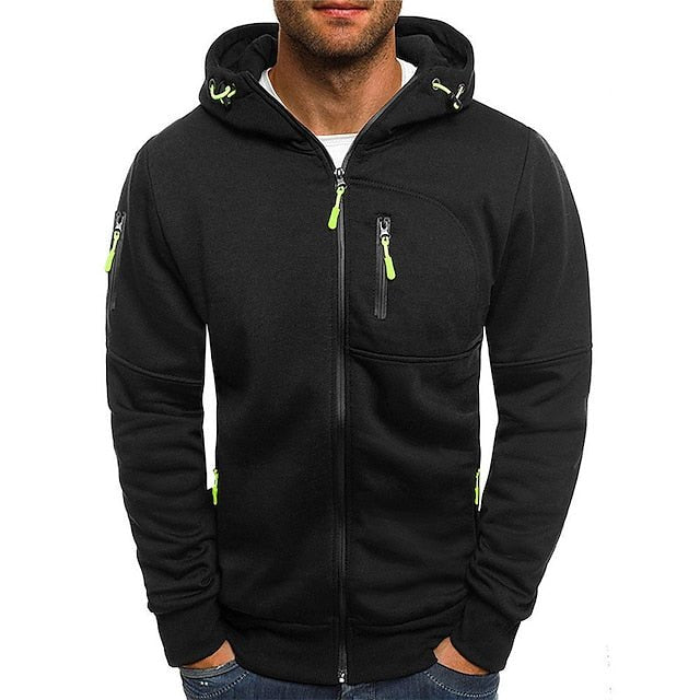 Lorenzo hooded zip-up jacket in black, front view on model