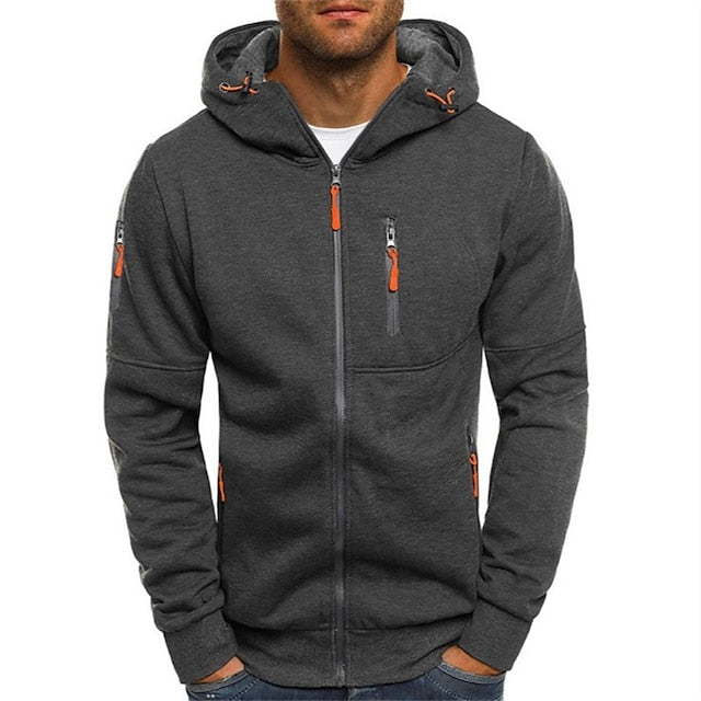 Lorenzo hooded zip-up jacket in dark gray, front view on model