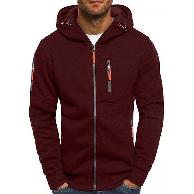 Lorenzo hooded zip-up jacket in burgundy, front view on model