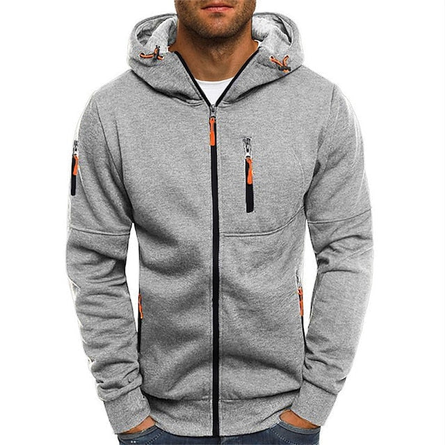 Lorenzo hooded zip-up jacket in light gray, front view on model