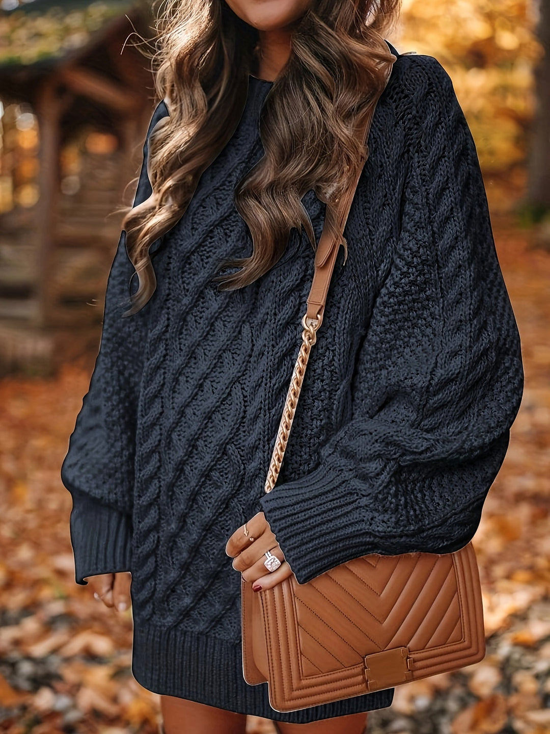 Marceline oversized sleeve cable-knit sweater dress, close-up front detail
