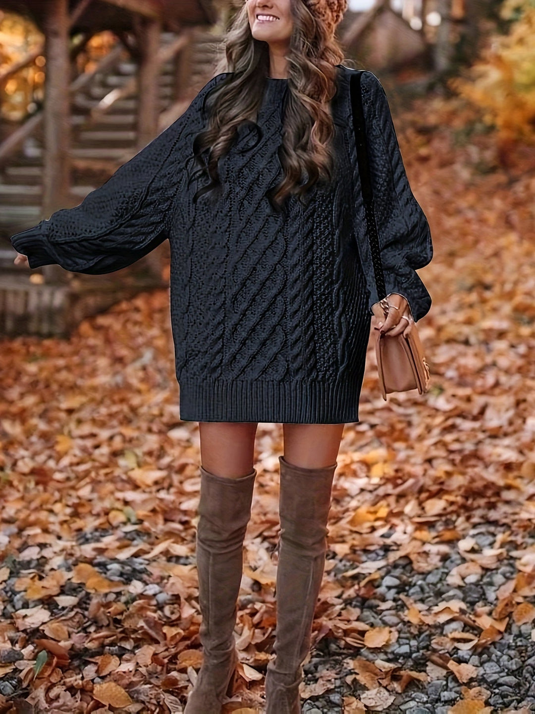 Marceline cable-knit mini sweater dress styled with over-the-knee boots
