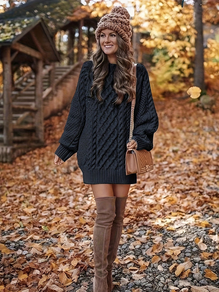 Marceline cable-knit mini sweater dress styled with over-the-knee boots