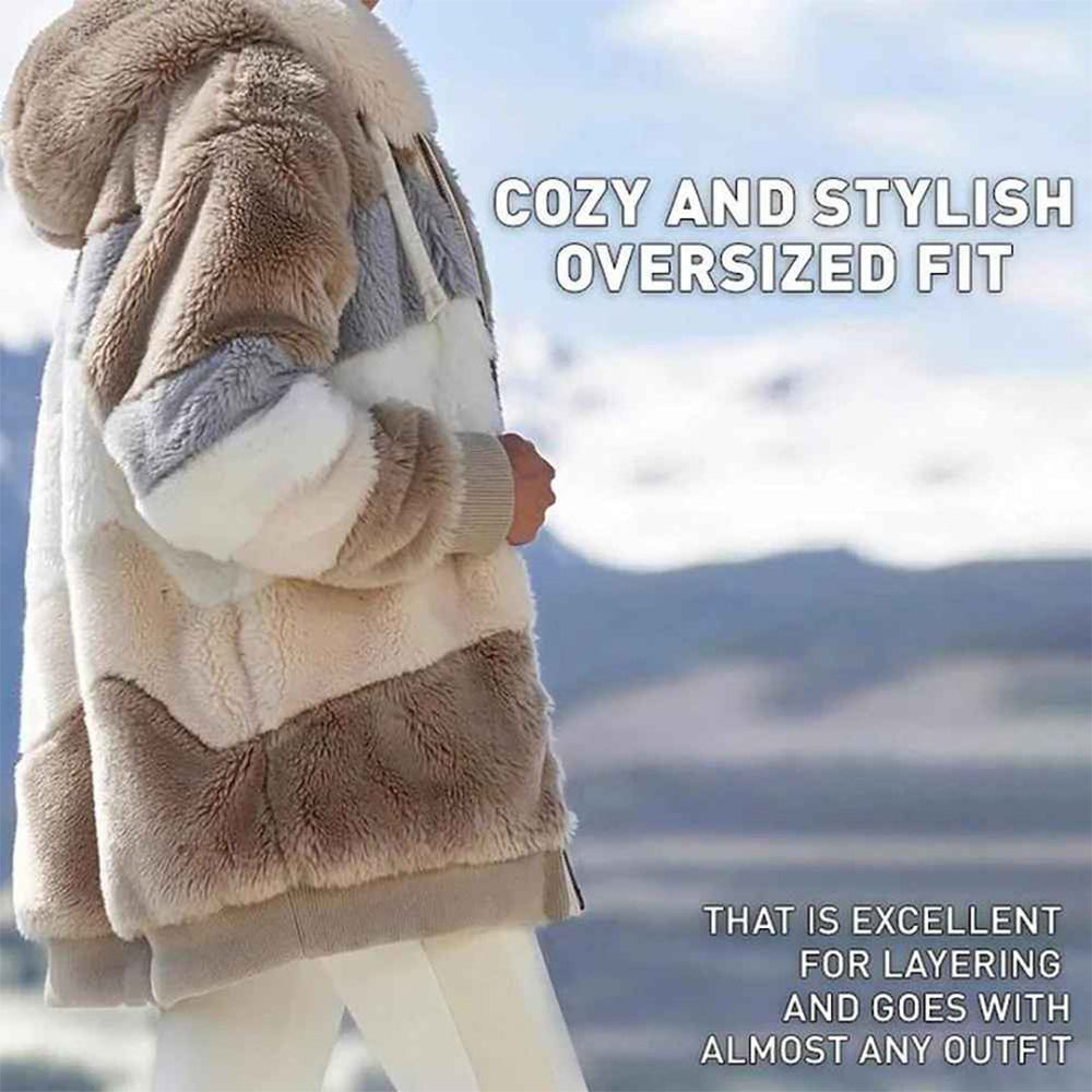 Marceline oversized colorblock jacket, close-up on cozy oversized fit