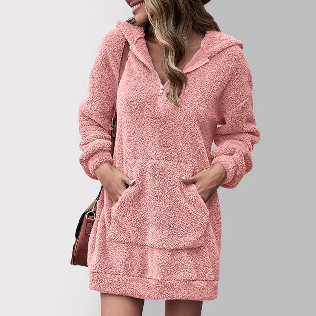 Marceline hooded zip sweater dress in pink, front view