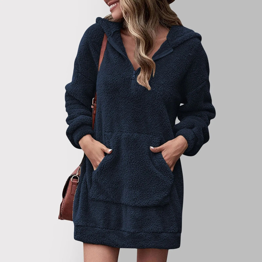 Marceline hooded zip sweater dress in dark blue, front view