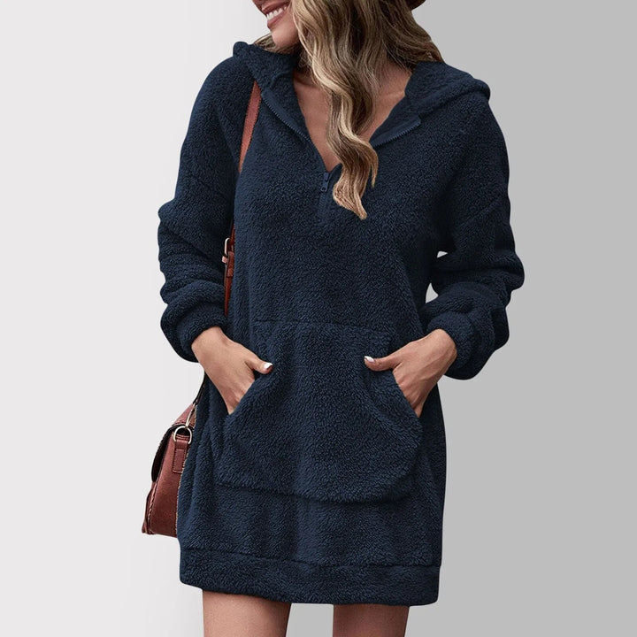 Marceline hooded zip sweater dress in dark blue, front view