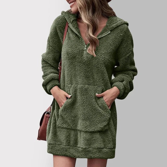 Marceline hooded zip sweater dress in dark green, front view