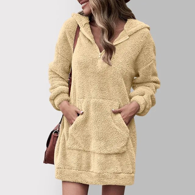 Marceline hooded zip sweater dress in khaki, front view