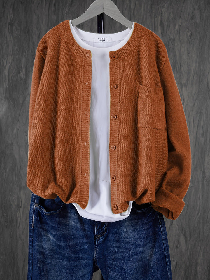Marceline relaxed button-front knit cardigan in yellowish brown, front view