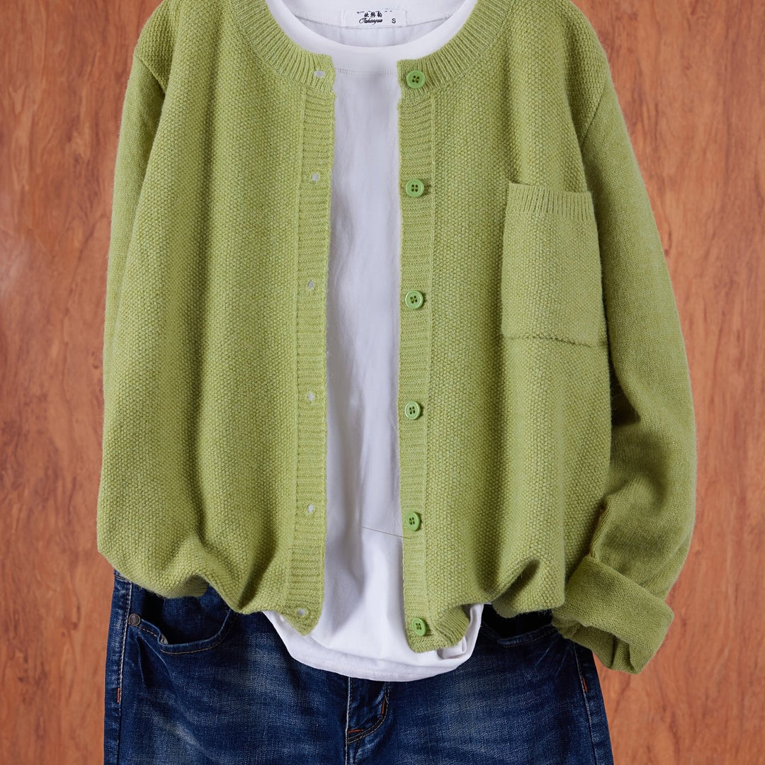 Marceline relaxed button-front knit cardigan in grey, front view