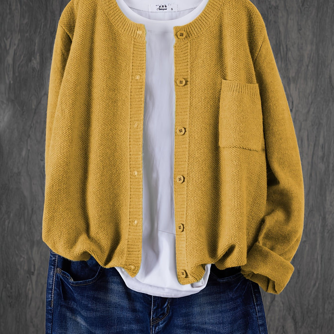 Marceline relaxed button-front knit cardigan in grey, front view
