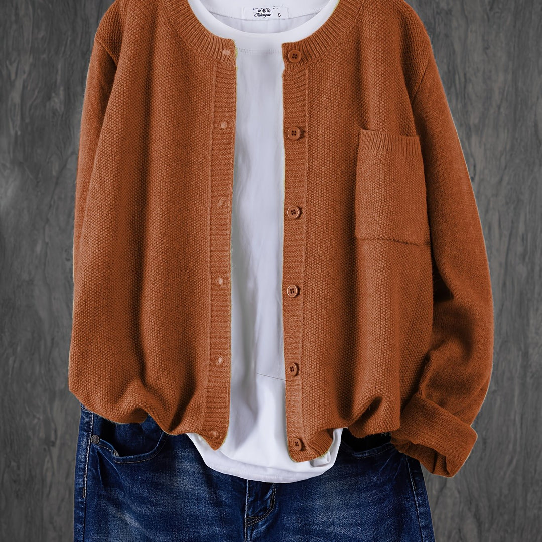 Marceline relaxed button-front knit cardigan in grey, front view