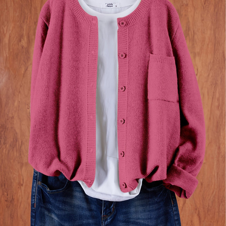Marceline relaxed button-front knit cardigan in grey, front view