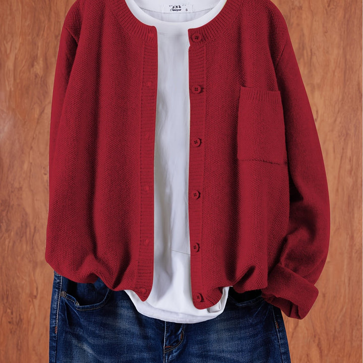 Marceline relaxed button-front knit cardigan in grey, front view