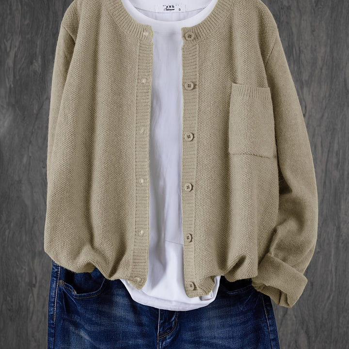 Marceline relaxed button-front knit cardigan in grey, front view