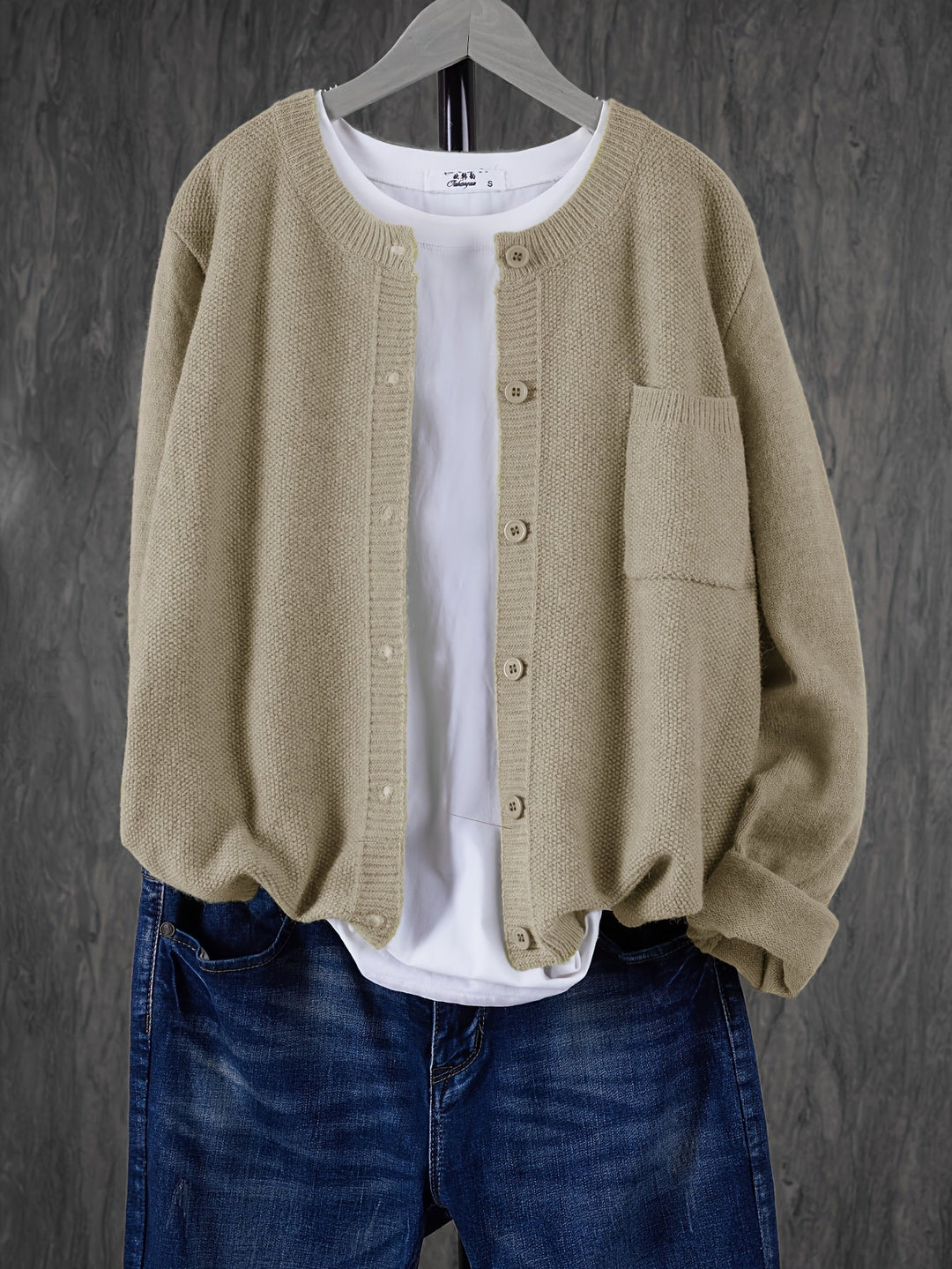 Marceline relaxed button-front knit cardigan in light brown, front view