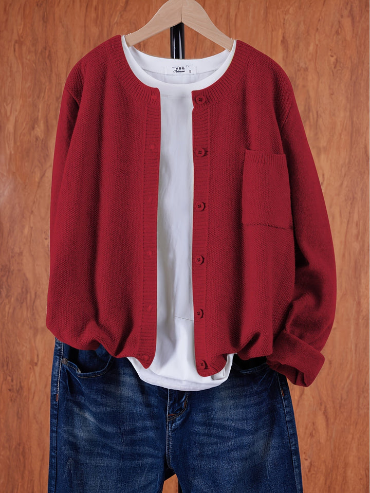 Marceline relaxed button-front knit cardigan in red, front view