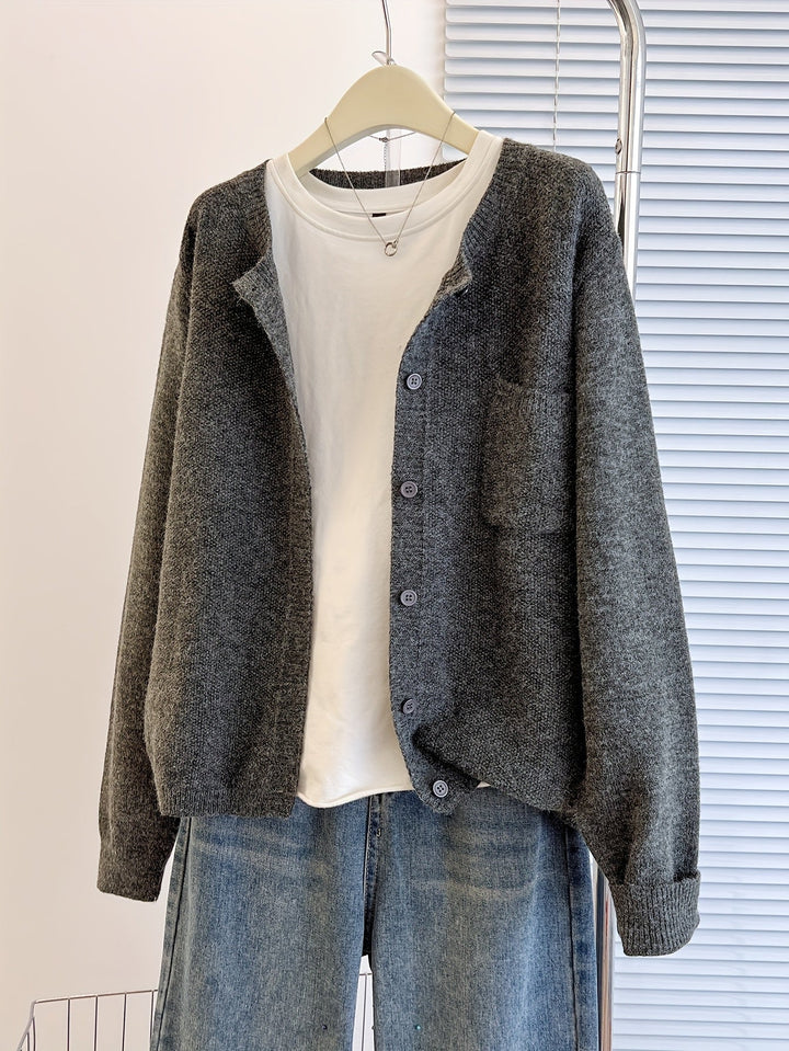 Marceline relaxed button-front knit cardigan in grey, front view