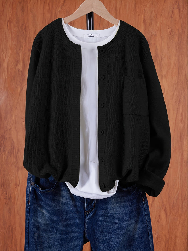 Marceline relaxed button-front knit cardigan in grey, front view