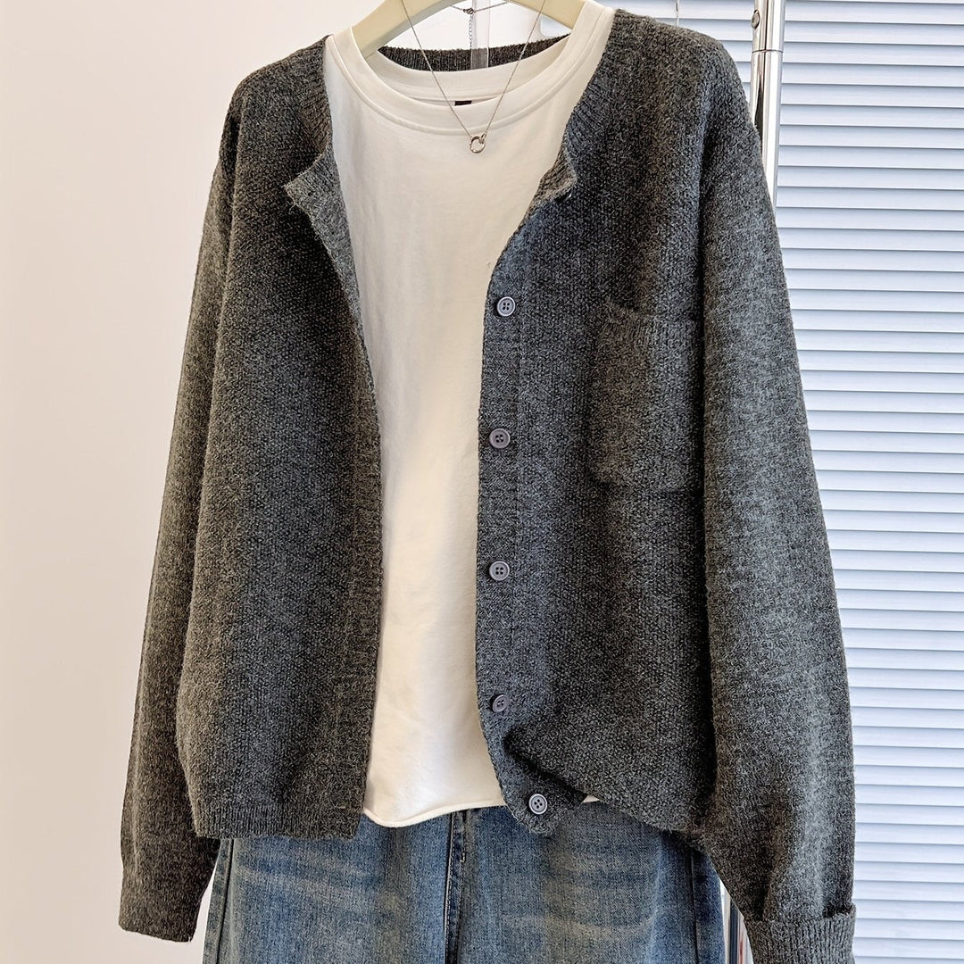 Marceline relaxed button-front knit cardigan in grey, front view
