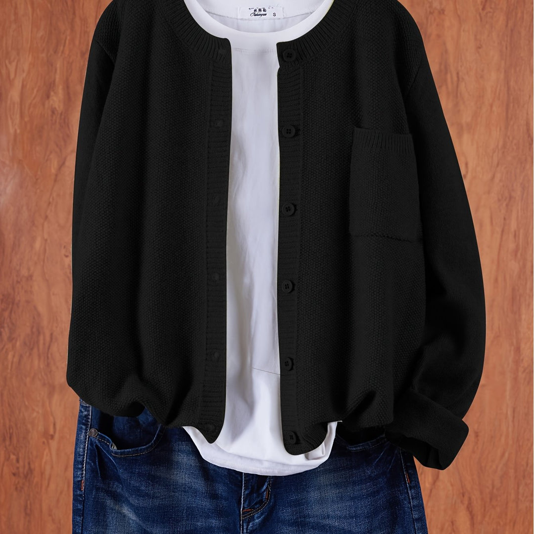 Marceline relaxed button-front knit cardigan in grey, front view