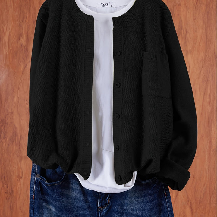 Marceline relaxed button-front knit cardigan in grey, front view