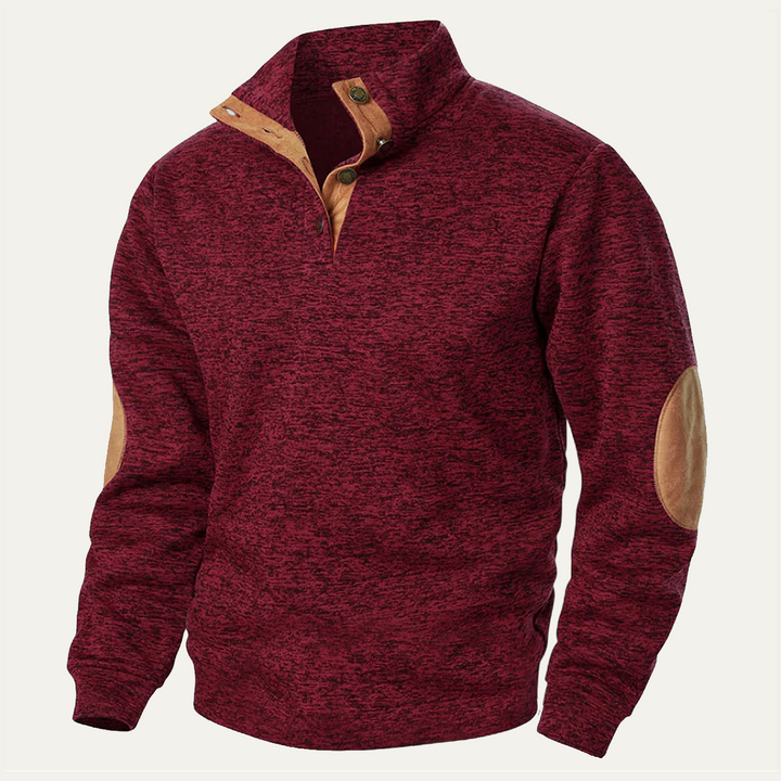Marcellus burgundy button mock neck sweater with elbow patches, front view