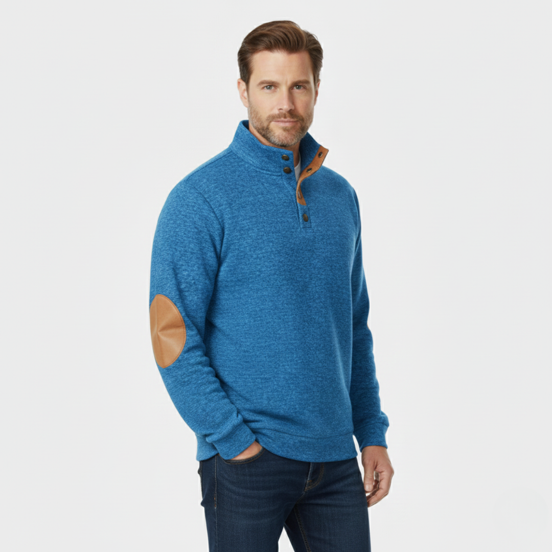 Model wearing Marcellus blue sweater, front view