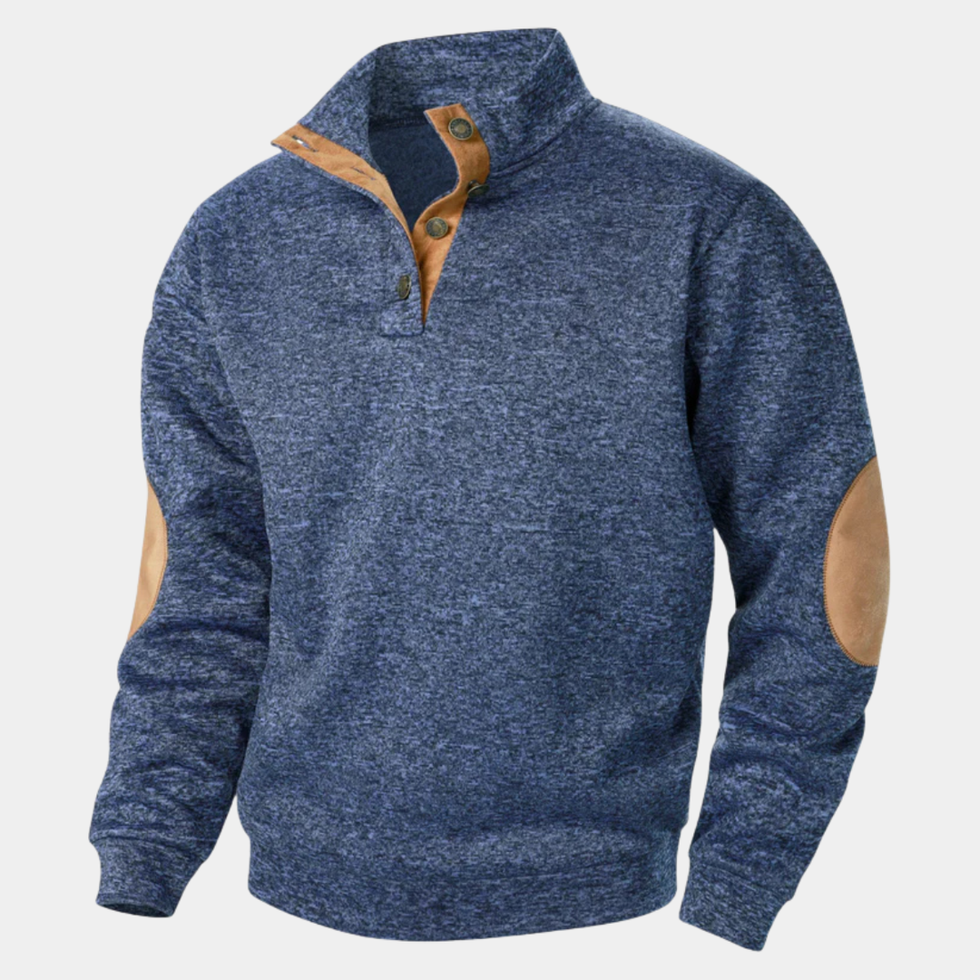 Marcellus navy blue button mock neck sweater, front view