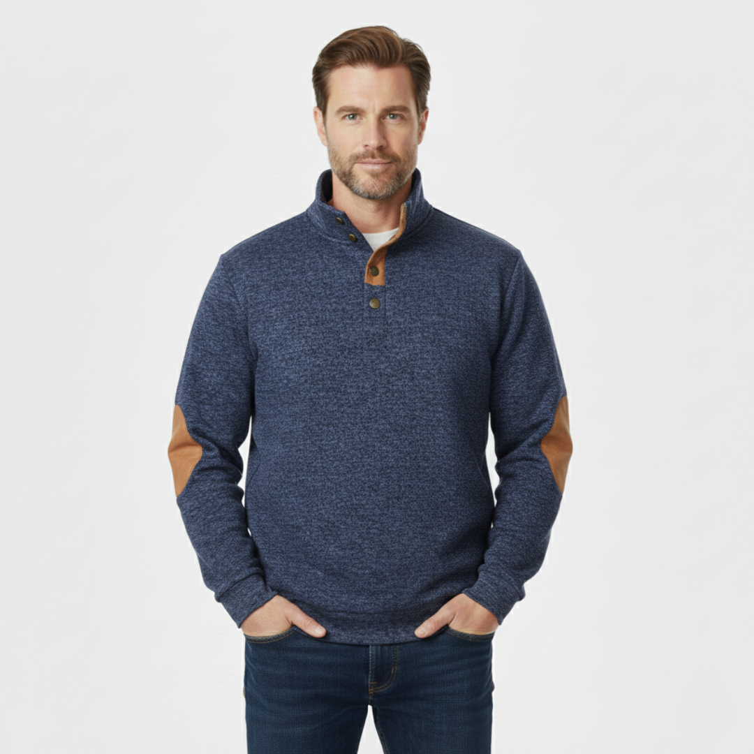 Model wearing Marcellus navy blue sweater, front view