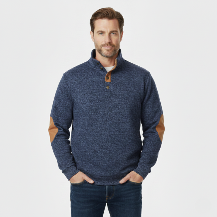 Model wearing Marcellus navy blue sweater, front view