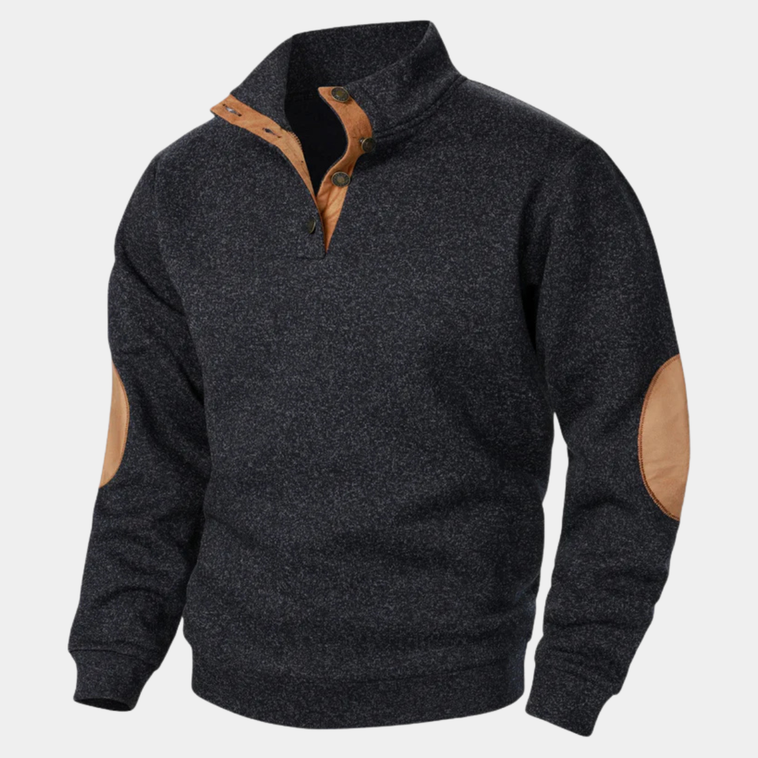 Marcellus black button mock neck sweater, front view