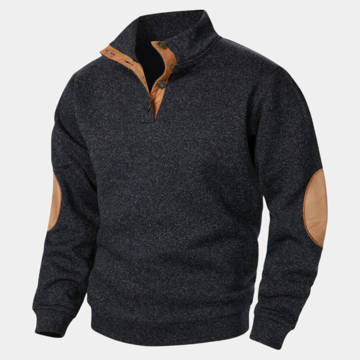 Marcellus black button mock neck sweater, front view