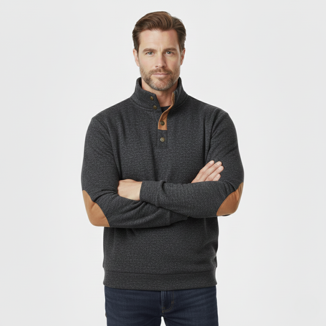 Model wearing Marcellus black sweater, arms crossed