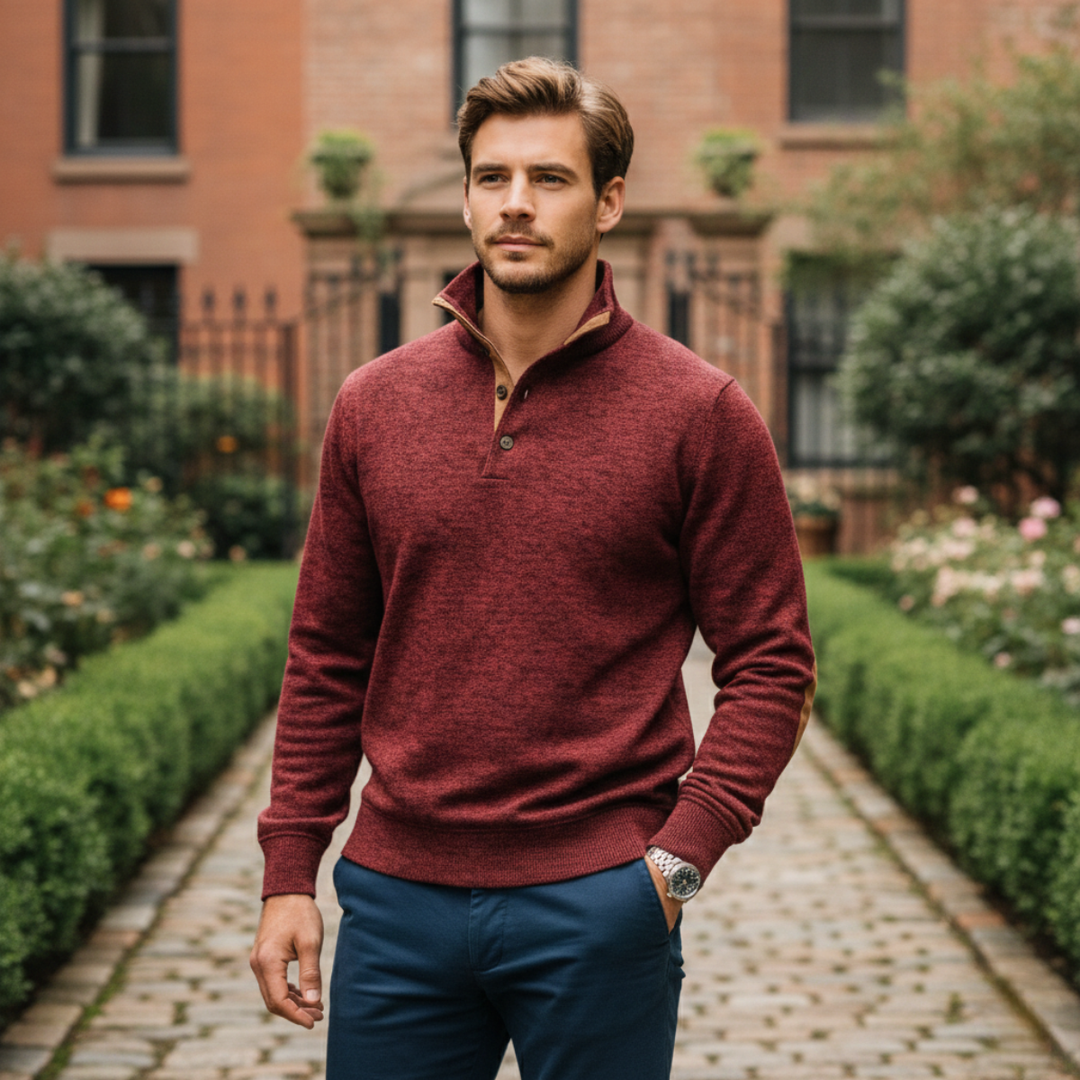 Model wearing Marcellus burgundy sweater outdoors, lifestyle shot