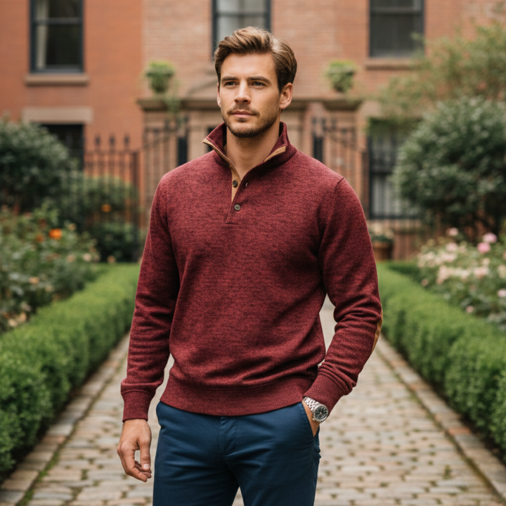 Model wearing Marcellus burgundy sweater outdoors, lifestyle shot