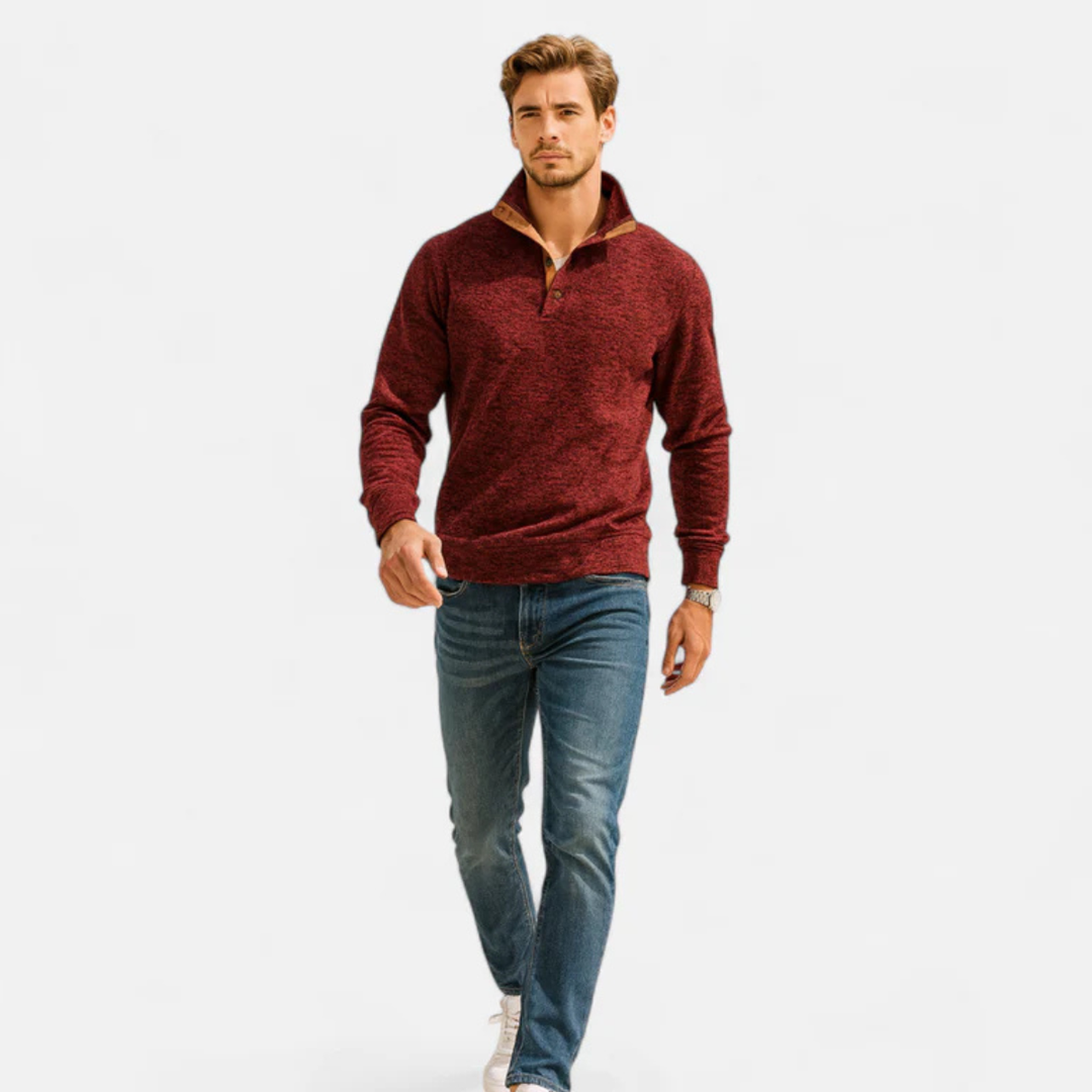 Model wearing Marcellus burgundy sweater with jeans, full body front