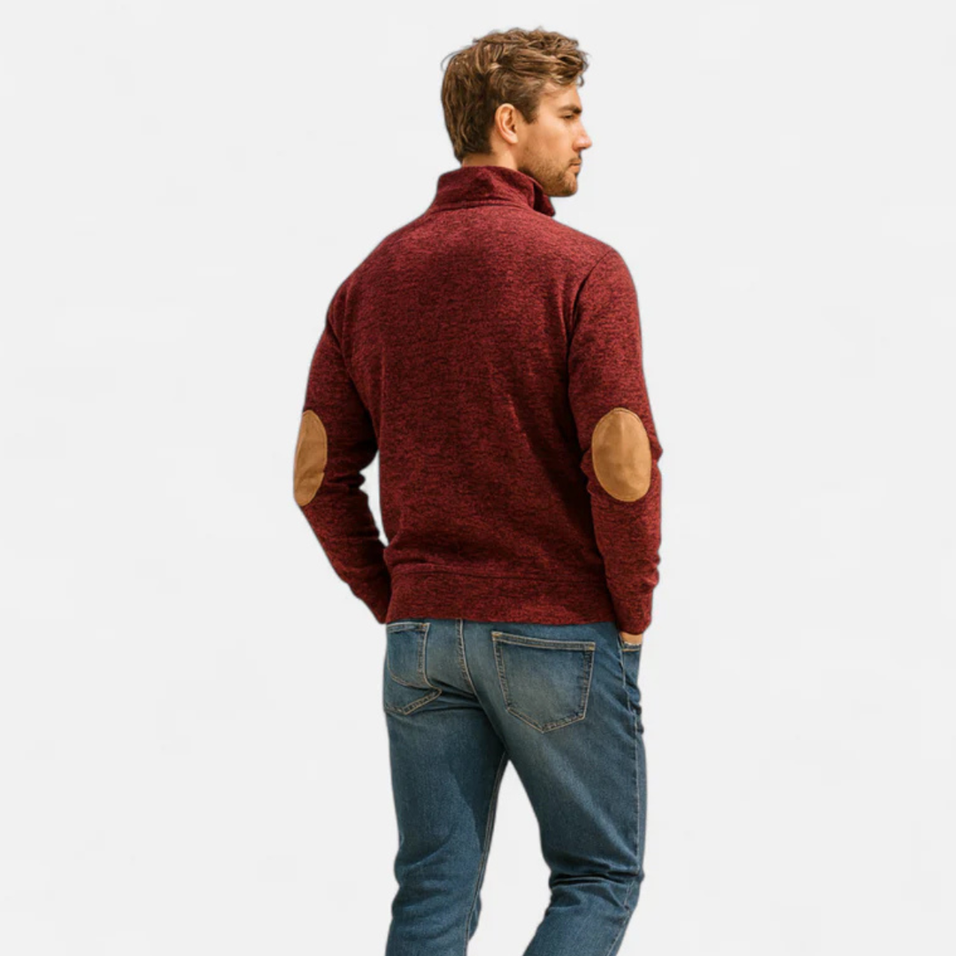 Model wearing Marcellus burgundy sweater, back view showing elbow patches