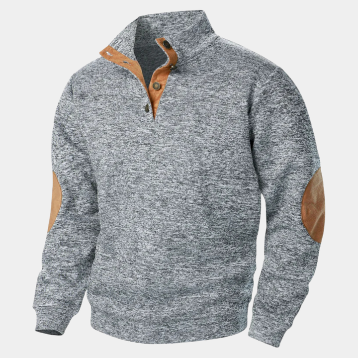 Marcellus light gray button mock neck sweater, front view