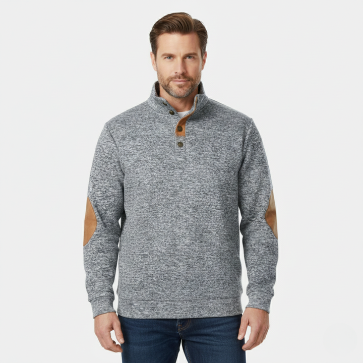 Model wearing Marcellus light gray sweater, front view
