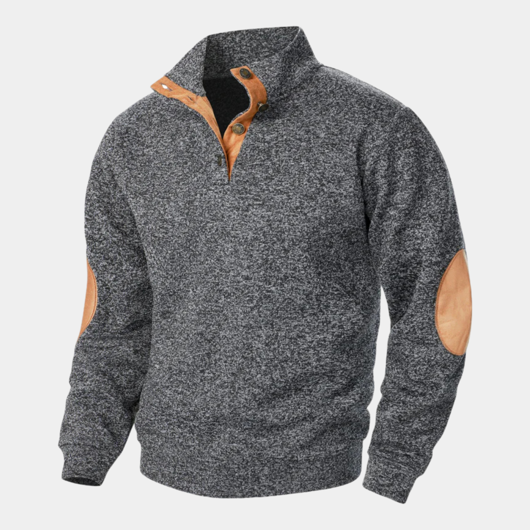 Marcellus dark gray button mock neck sweater, front view