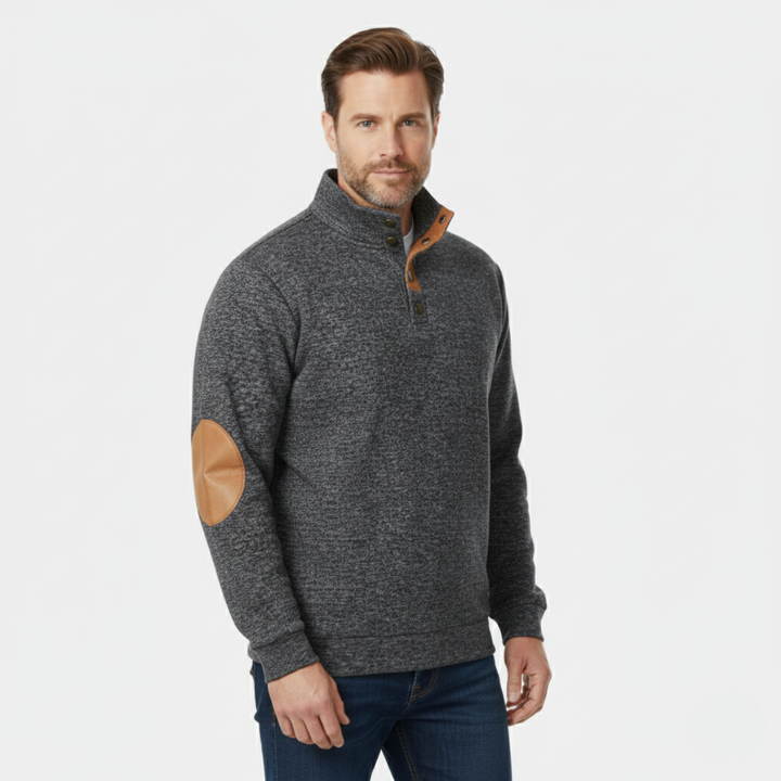 Model wearing Marcellus dark gray sweater, side view