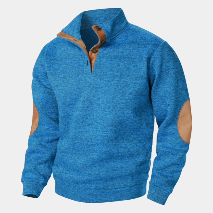 Marcellus blue button mock neck sweater, front view