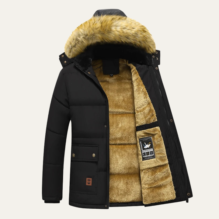 Marcus faux fur hooded fleece lined parka in black, open front view showing fleece interior