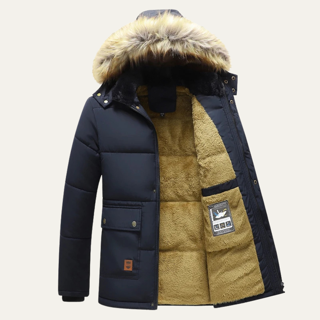 Marcus faux fur hooded fleece lined parka in navy blue, open front view showing fleece interior