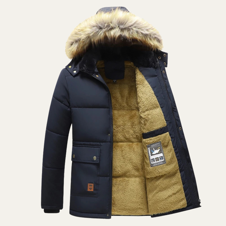 Marcus faux fur hooded fleece lined parka in navy blue, open front view showing fleece interior