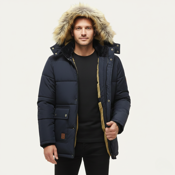 Marcus navy blue hooded parka with faux fur trim, front view worn by model