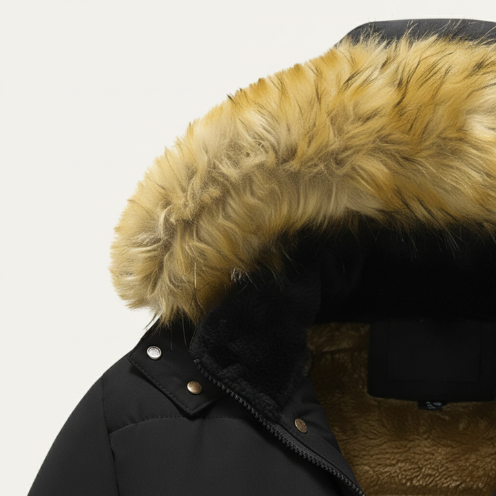 Close-up of faux fur hood trim and snap button collar on Marcus parka